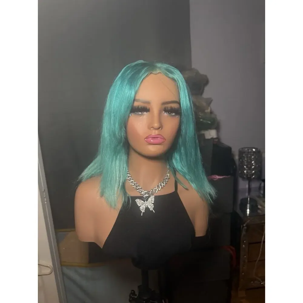 Human Hair Wig 13x4 Lace Front Aqua Blue Bob